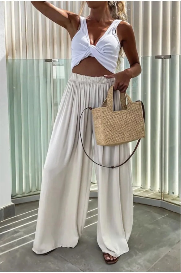 elveswallet Elastic waistband high waist pleated wide leg pants