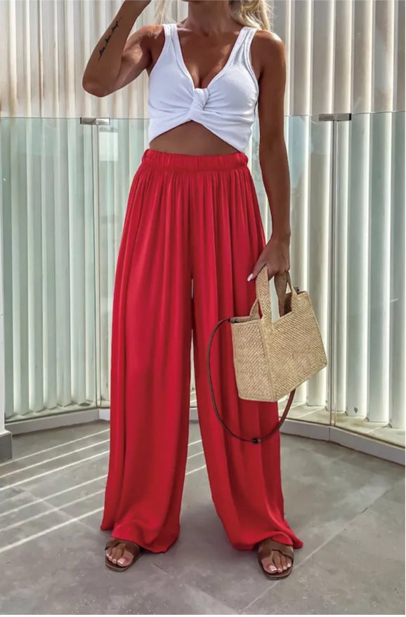 elveswallet Elastic waistband high waist pleated wide leg pants