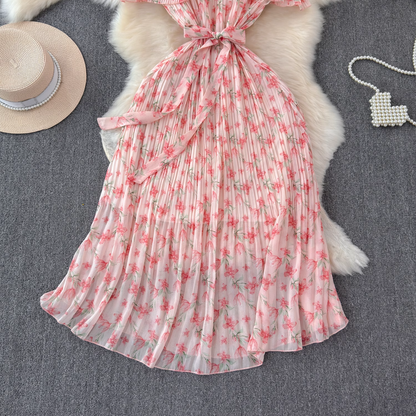 - A-line pleated floral dress for beach vacation GEU1060