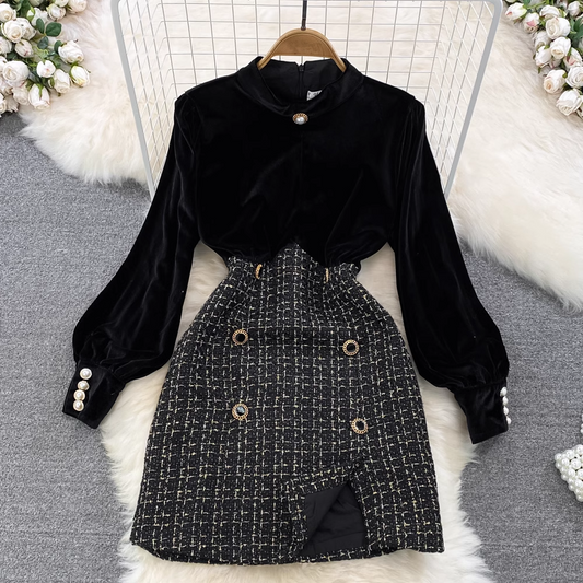 - Autumn and winter retro stand-collar velvet long-sleeved splicing tweed a-line dress GEU814