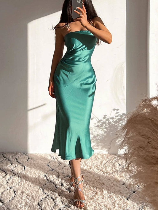 Women Chic Sling Strap Off Shoulder Midi Green Satin Backless Dress Club Party Sexy Skinny Women Summer Dress