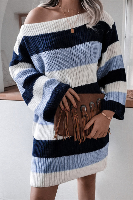 elveswallet Slash Neck Striped Knitted Dress