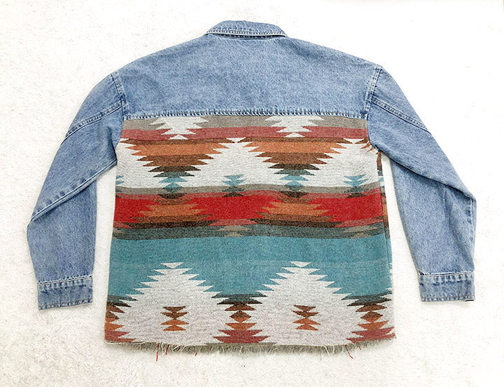 elveswallet Retro Aztec Lapel Pocket Denim Patchwork Jacket