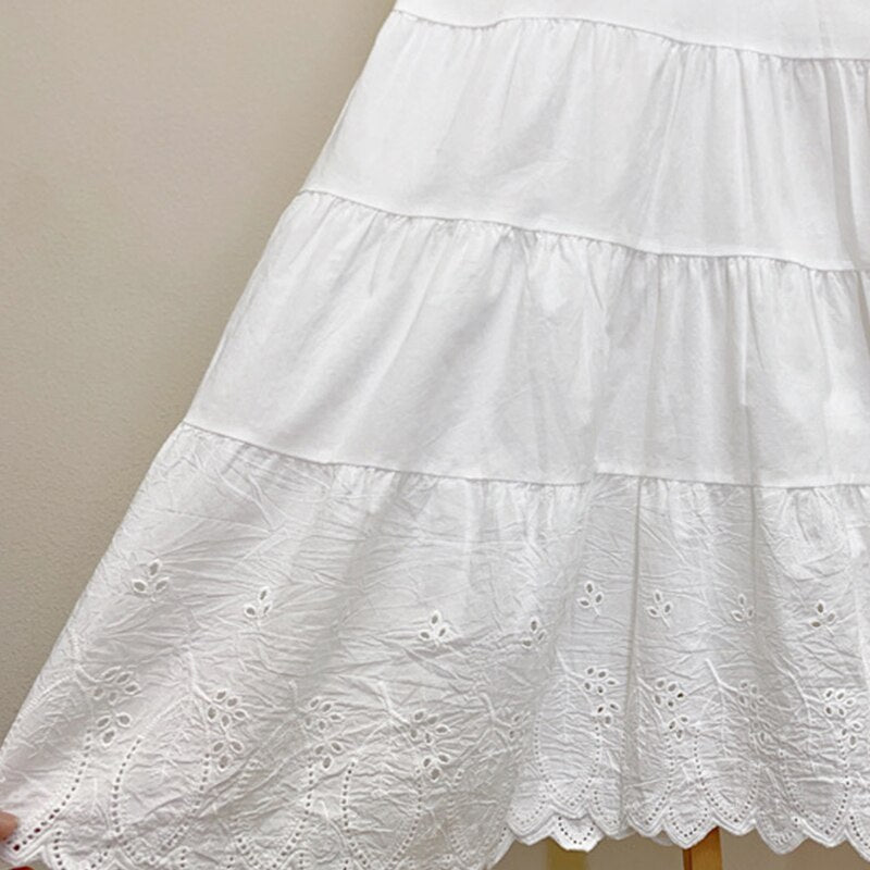 Mori Girl Sweet White Apricot Color Cotton Embroidered Cake Dress Women New Loose Bottomed Outerwear Suspender Dresses K043