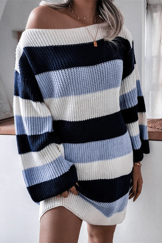 elveswallet Slash Neck Striped Knitted Dress