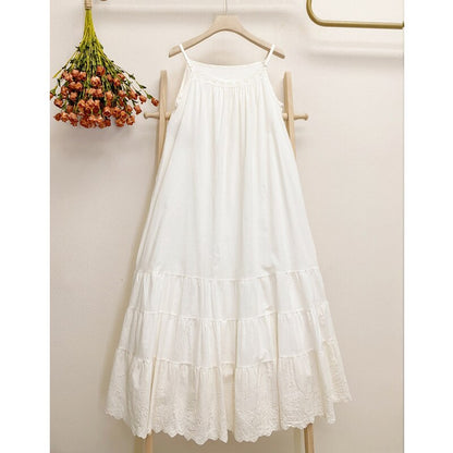 Mori Girl Sweet White Apricot Color Cotton Embroidered Cake Dress Women New Loose Bottomed Outerwear Suspender Dresses K043