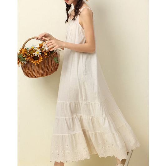 Mori Girl Sweet White Apricot Color Cotton Embroidered Cake Dress Women New Loose Bottomed Outerwear Suspender Dresses K043