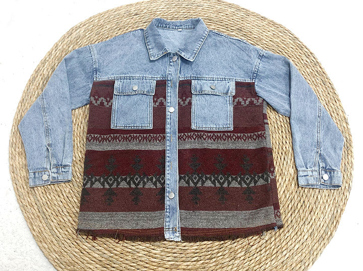 elveswallet Retro Aztec Lapel Pocket Denim Patchwork Jacket