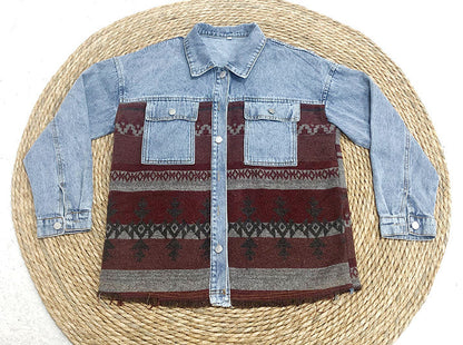 elveswallet Retro Aztec Lapel Pocket Denim Patchwork Jacket