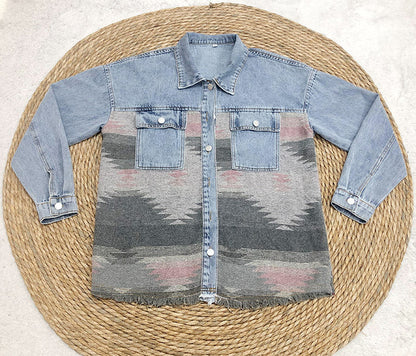 elveswallet Retro Aztec Lapel Pocket Denim Patchwork Jacket