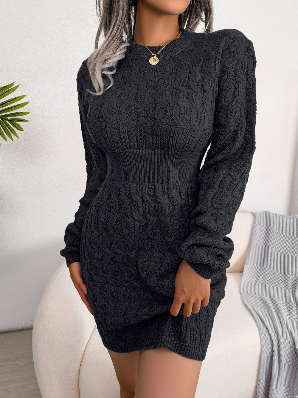 elveswallet O Neck Casual Twist Waist Sweater Dress