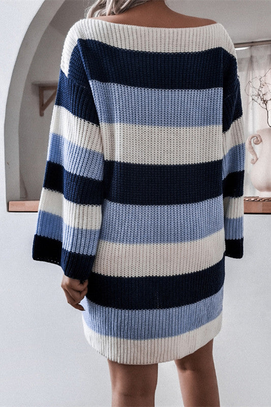 elveswallet Slash Neck Striped Knitted Dress