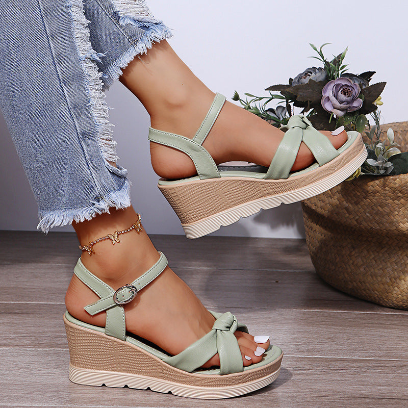 elveswallet Open Toe One Line Buckle Muffin Sole Wedges Sandals