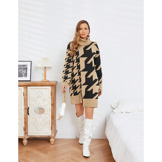 Designer Oversized Turtleneck Sweater Dress Knitwear Houndstooth Winter Pullover Knitted Tops Jumper Wool Sweater For Women