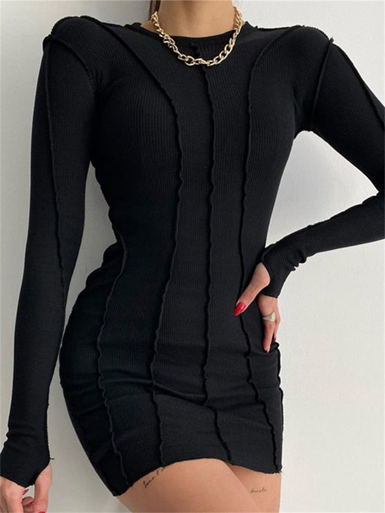 Casual Long Sleeve Slim Bodycon Dress Ladies Casual Elegant Shirt Dresses Bright Line Decoration Black Mini Dress Outfits