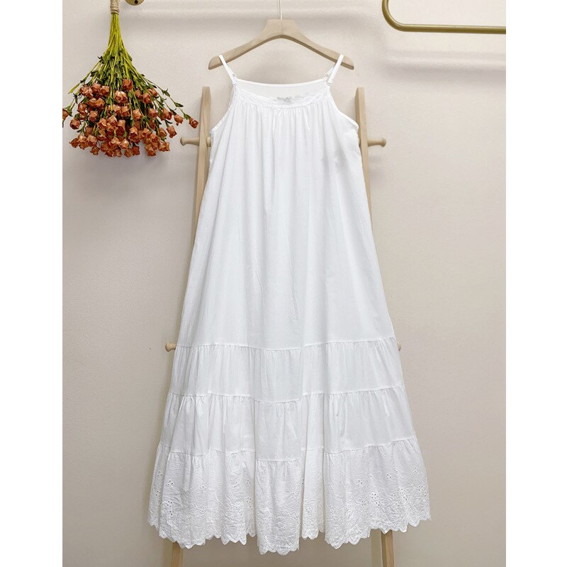 Mori Girl Sweet White Apricot Color Cotton Embroidered Cake Dress Women New Loose Bottomed Outerwear Suspender Dresses K043