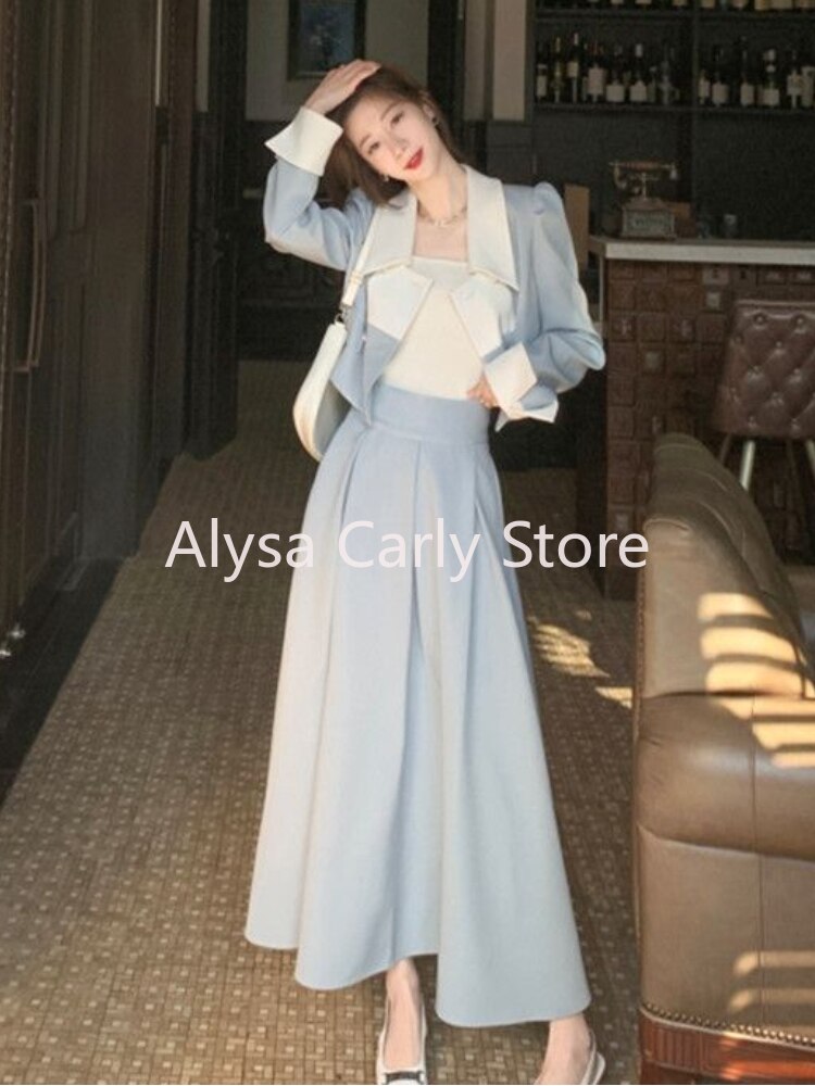 Autumn Elegant 2 Piece Dress Set Women Slim Vintage Party Office Lady Korean Suit Long Sleeve Crop Tops + Casual Midi Skirt