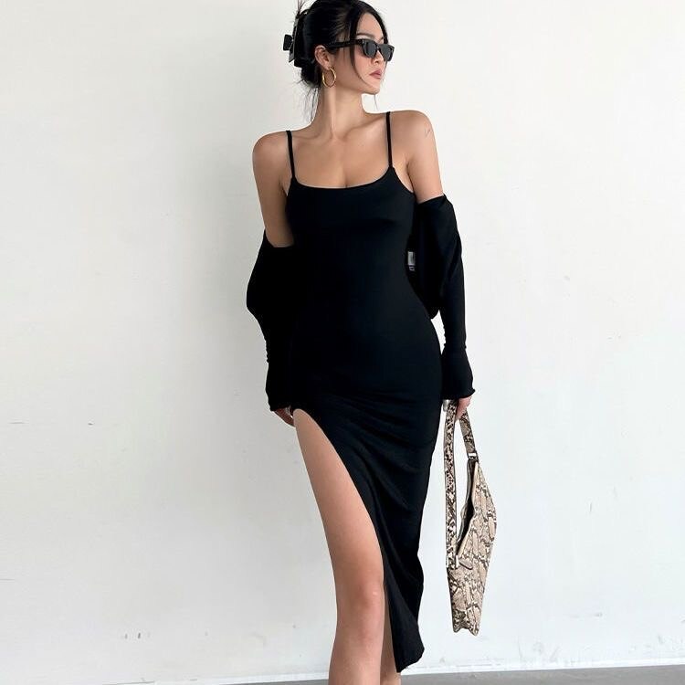 Spaghetti Strap Dresses and cardigan for Women Summer Sexy Sleeveless Split Sheath Dress Solid Color Bodycon Dress SS039