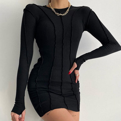 Casual Long Sleeve Slim Bodycon Dress Ladies Casual Elegant Shirt Dresses Bright Line Decoration Black Mini Dress Outfits