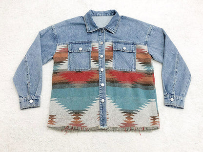 elveswallet Retro Aztec Lapel Pocket Denim Patchwork Jacket