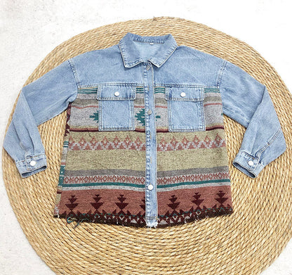 elveswallet Retro Aztec Lapel Pocket Denim Patchwork Jacket