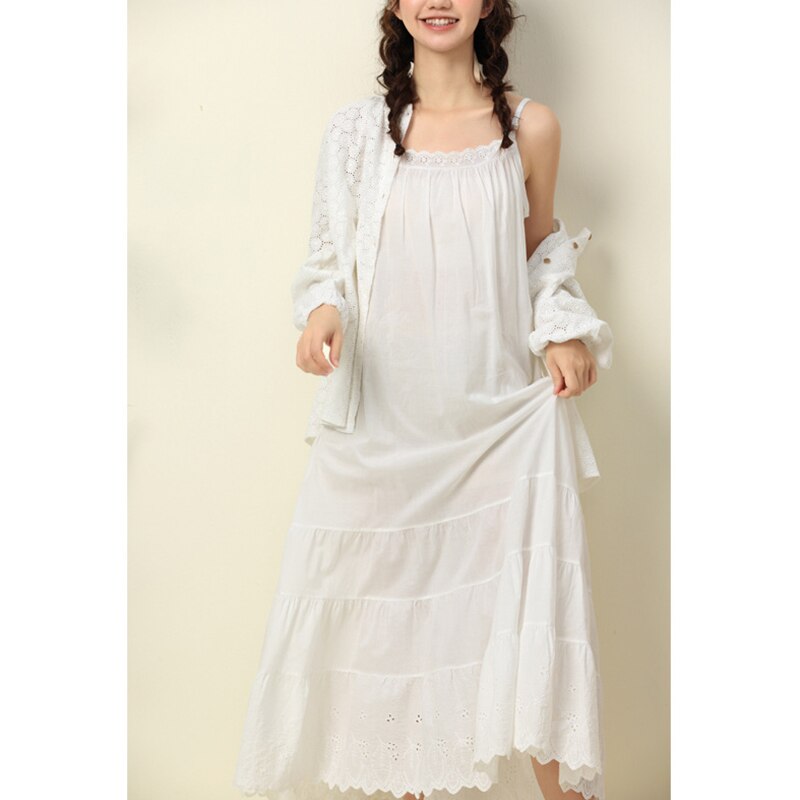 Mori Girl Sweet White Apricot Color Cotton Embroidered Cake Dress Women New Loose Bottomed Outerwear Suspender Dresses K043