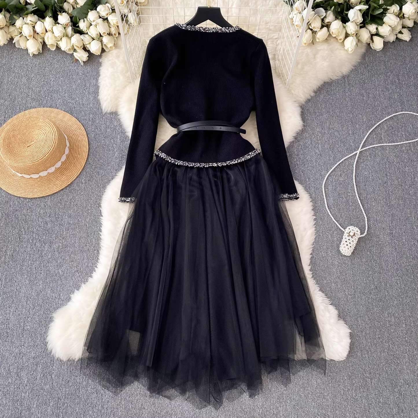 - Knitted cardigan versatile suspender dress two-piece suit GEU627