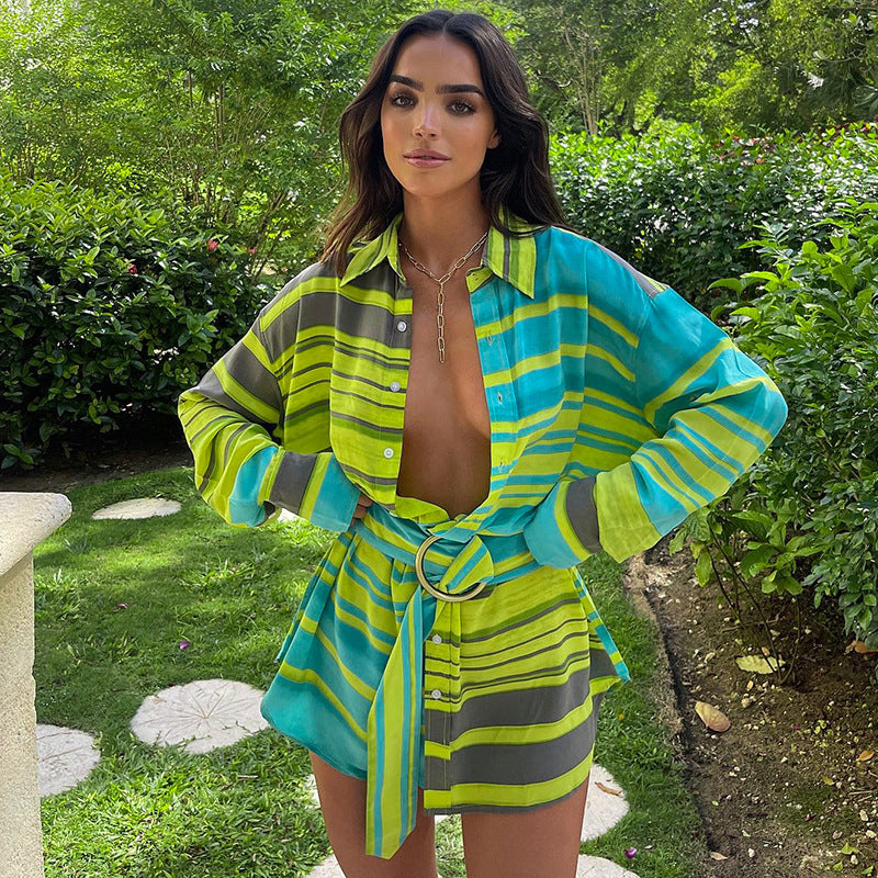 Vacation Striped Button Up Shirt Dress With Belt Beach Sexy Blouses Or Tops For Woman Summer Cardigan