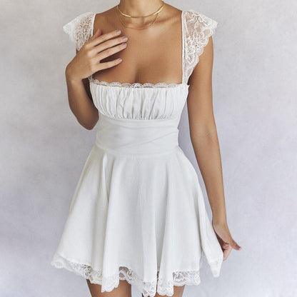 Elegant White Lace skirt with suspenders Mini Dress For Women Fashion Sleeveless Backless Loose Sexy Short Dresses