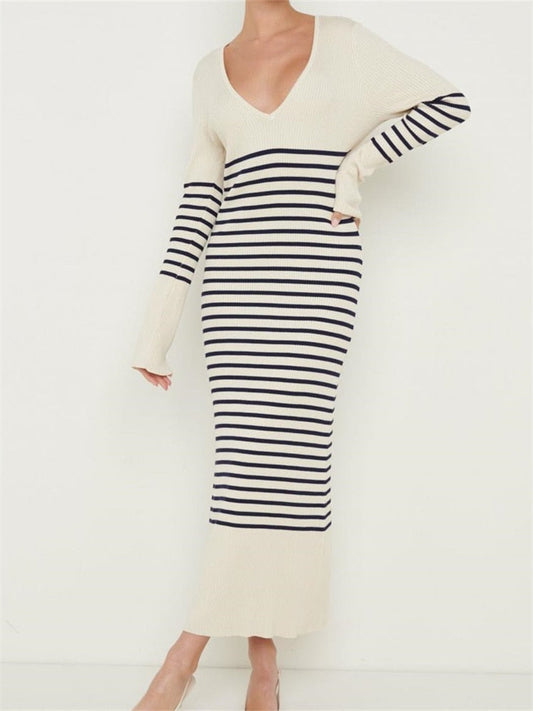 Women Knitted Long Dress Long Sleeve Deep V Neck Striped Dress Slim Fit Spring Autumn Female Vestidos Streetwear