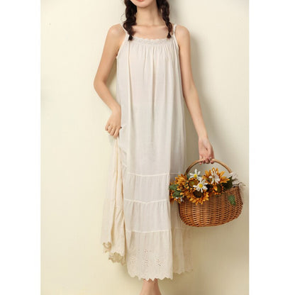 Mori Girl Sweet White Apricot Color Cotton Embroidered Cake Dress Women New Loose Bottomed Outerwear Suspender Dresses K043