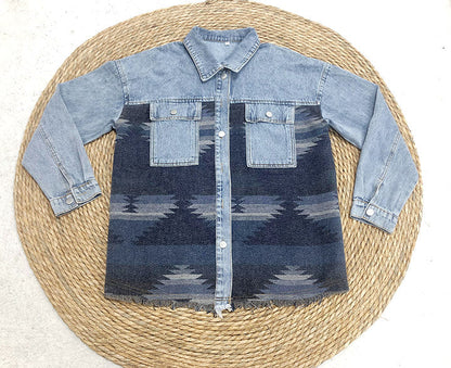 elveswallet Retro Aztec Lapel Pocket Denim Patchwork Jacket