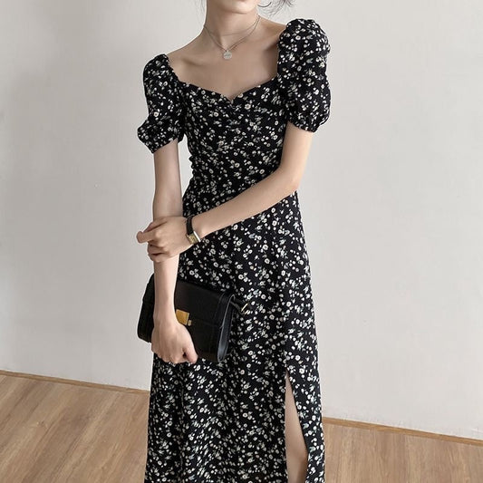 Women Summer Style Dress Lady Casual Short Puff Sleeve Square Collar Daisy Printed Split Dress Vestidos SS244