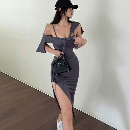 Spaghetti Strap Dresses and cardigan for Women Summer Sexy Sleeveless Split Sheath Dress Solid Color Bodycon Dress SS039