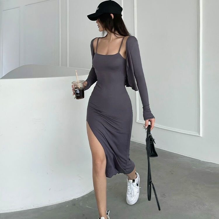 Spaghetti Strap Dresses and cardigan for Women Summer Sexy Sleeveless Split Sheath Dress Solid Color Bodycon Dress SS039