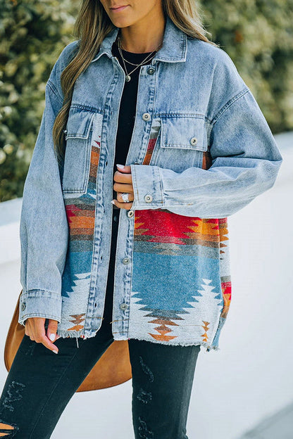 elveswallet Retro Aztec Lapel Pocket Denim Patchwork Jacket