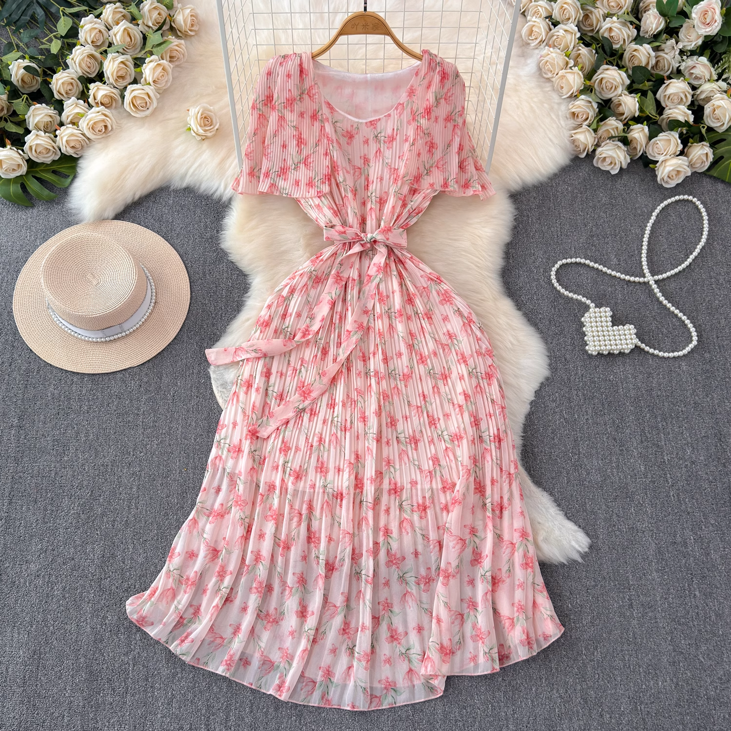 - A-line pleated floral dress for beach vacation GEU1060