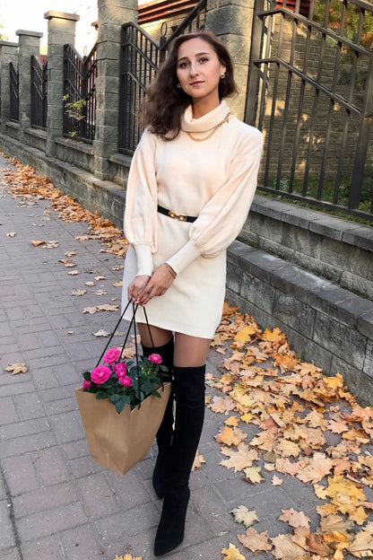 elveswallet Lantern Sleeve Bodycon Turtleneck Knit Sweater Dress