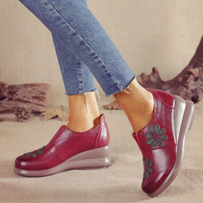 elveswallet Leather Embroider Flower Wedges Loafers