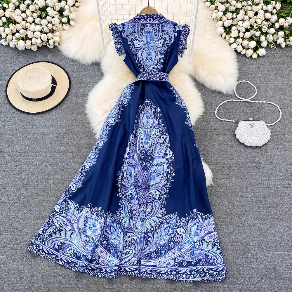 - Retro palace style single-breasted lapel printed dress elegant a-line long skirt GEU837