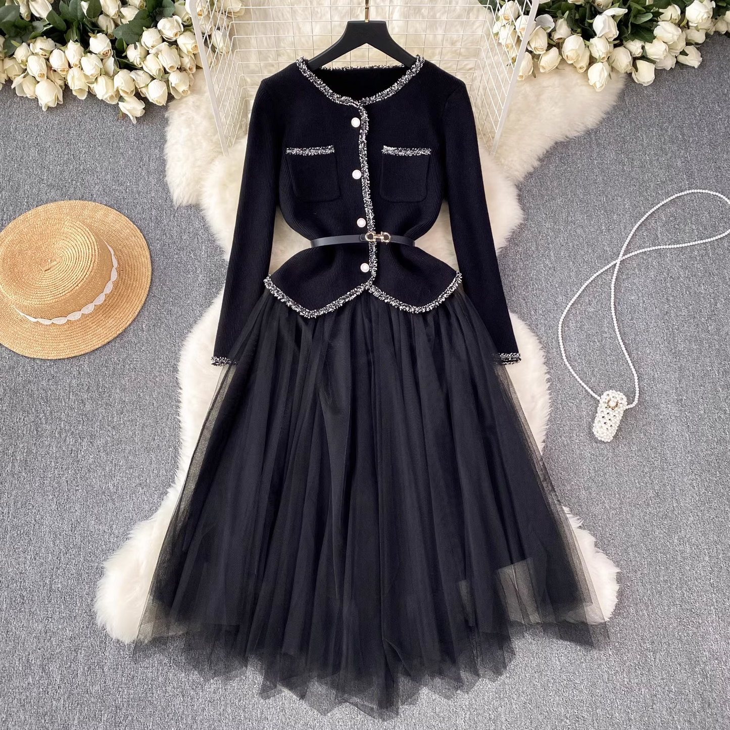 - Knitted cardigan versatile suspender dress two-piece suit GEU627