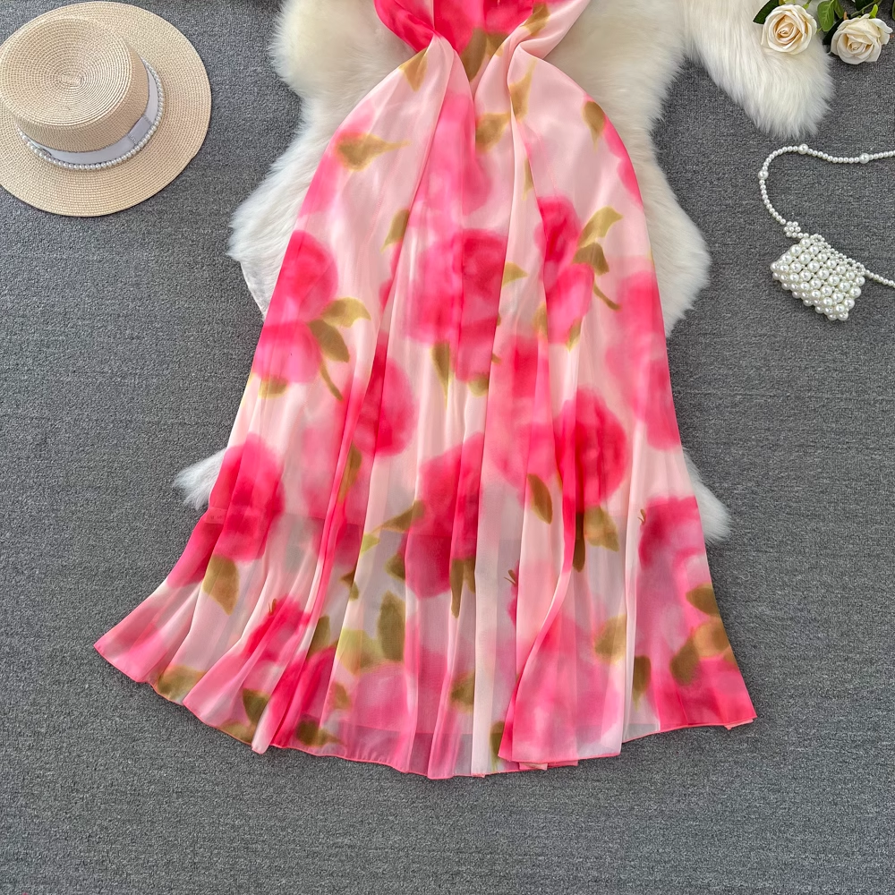 - A-line printed chiffon suspender dress seaside vacation long dress GEU944