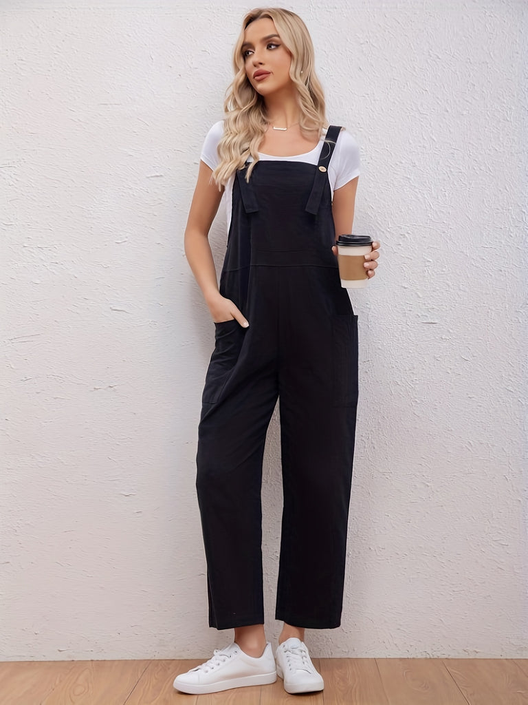 Solid Overall Jumpsuit, Casual Sleeveless Jumpsuit With Pockets, Women's Clothing