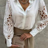 elveswallet  Women's V-Neck Casual Blouse Lace Long Sleeve Shirt Lantern Sleeve Top Work Button T-Shirt