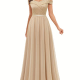 Off Shoulder Bridesmaid Dress, Elegant Solid Color Dress For Wedding Party, Women's Clothing
