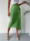 Summer Side Slit Midi Skirt, High Waist Solid Casual Skirt, Women's Clothing