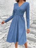 elveswallet  Criss Cross Solid Dress, Elegant Simple V Neck Long Sleeve Dress, Women's Clothing