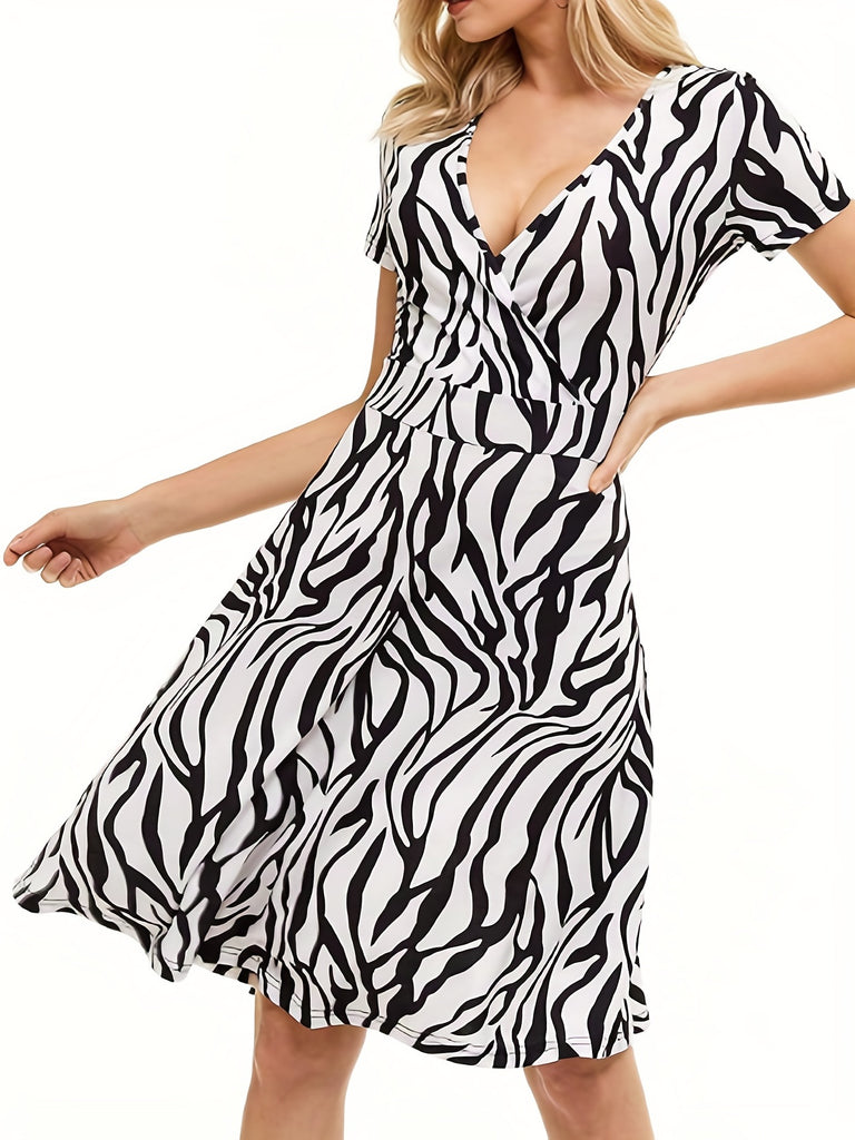 elveswallet  Zebra Print Surplice Neck Dress, Casual Short Sleeve Midi Dress, Women's Clothing