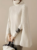 Cape Sleeve Turtle Neck Sweater, Elegant Ribbed Knit Sweater For Fall & Winter, Women's Clothing