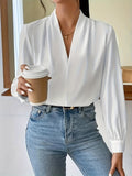 elveswallet  Solid V-neck Pleated Blouse, Elegant Long Sleeve Blouse For Office & Work, Women's Clothing